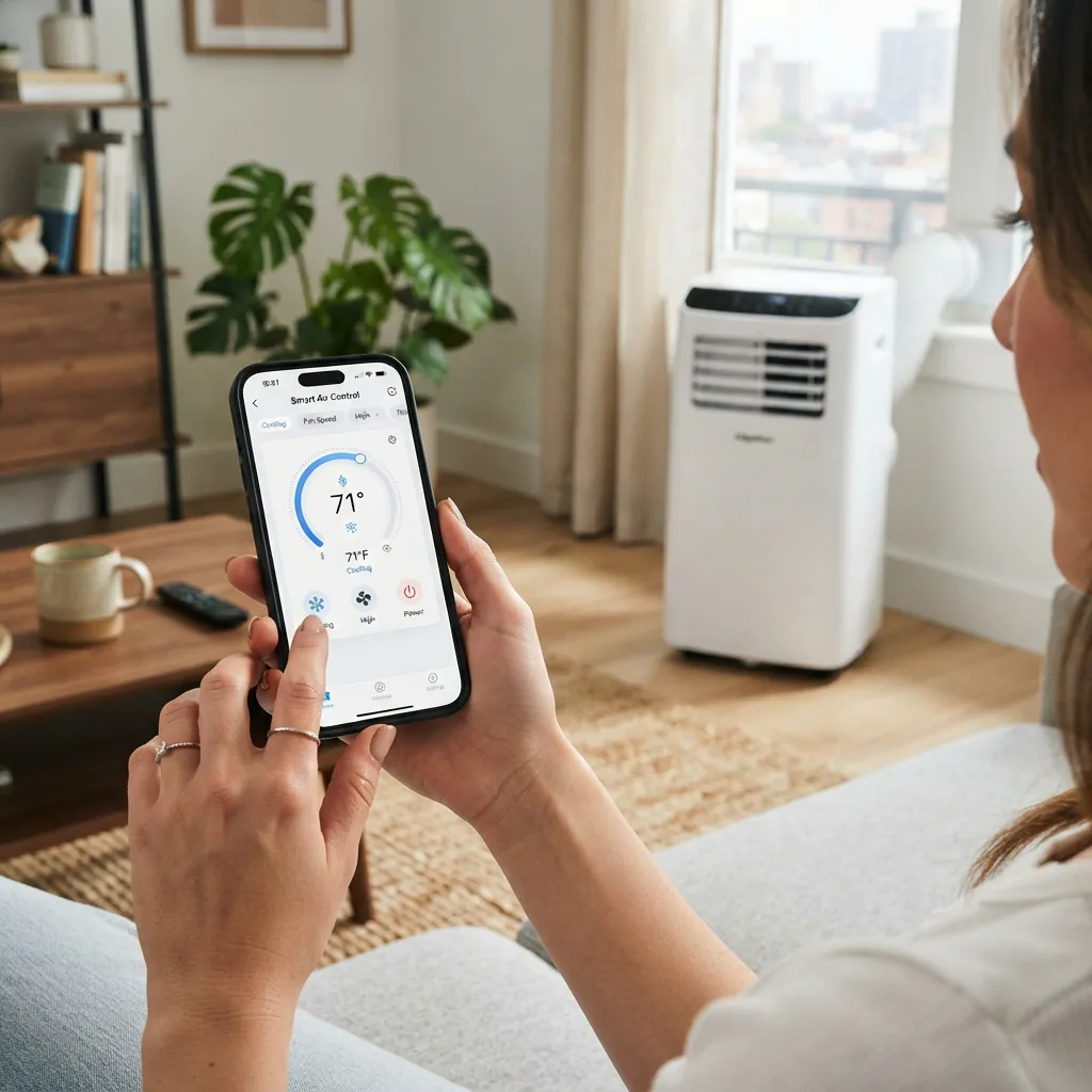 A smart EdgeStar portable air conditioner being controlled via a smartphone app.