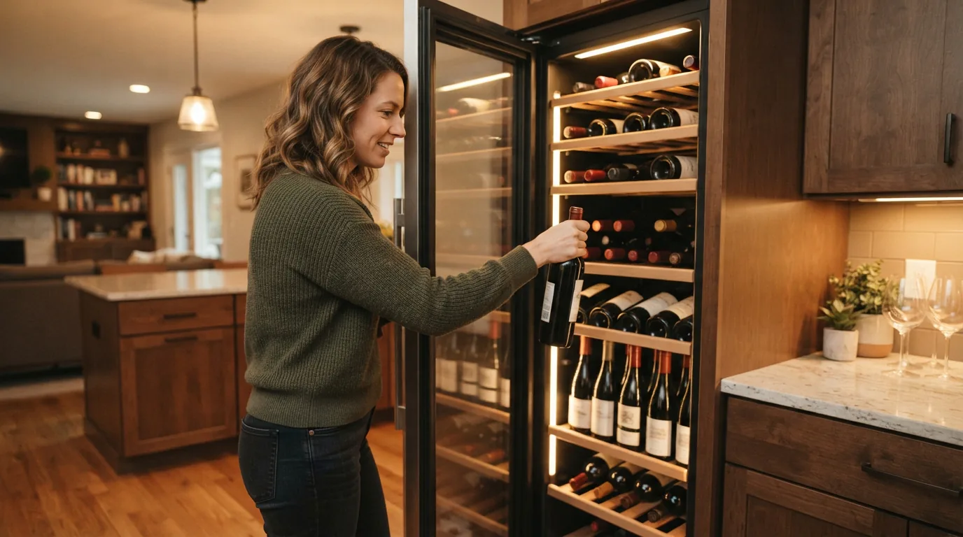 A person happily selecting a bottle of wine from a well-stocked wine cooler in a home