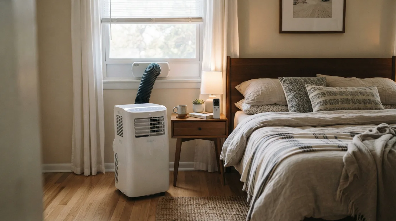The EdgeStar AP12000HS portable air conditioner installed in a bedroom window.