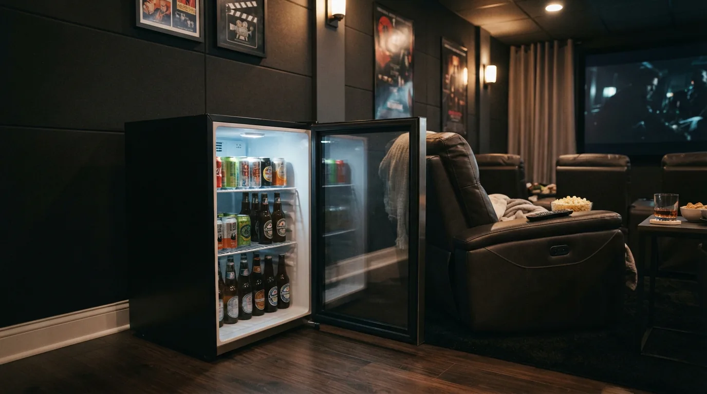 The EdgeStar 5.49 Cu. Ft. Convertible Mini Fridge in a home theater room, stocked with beverages for movie night.