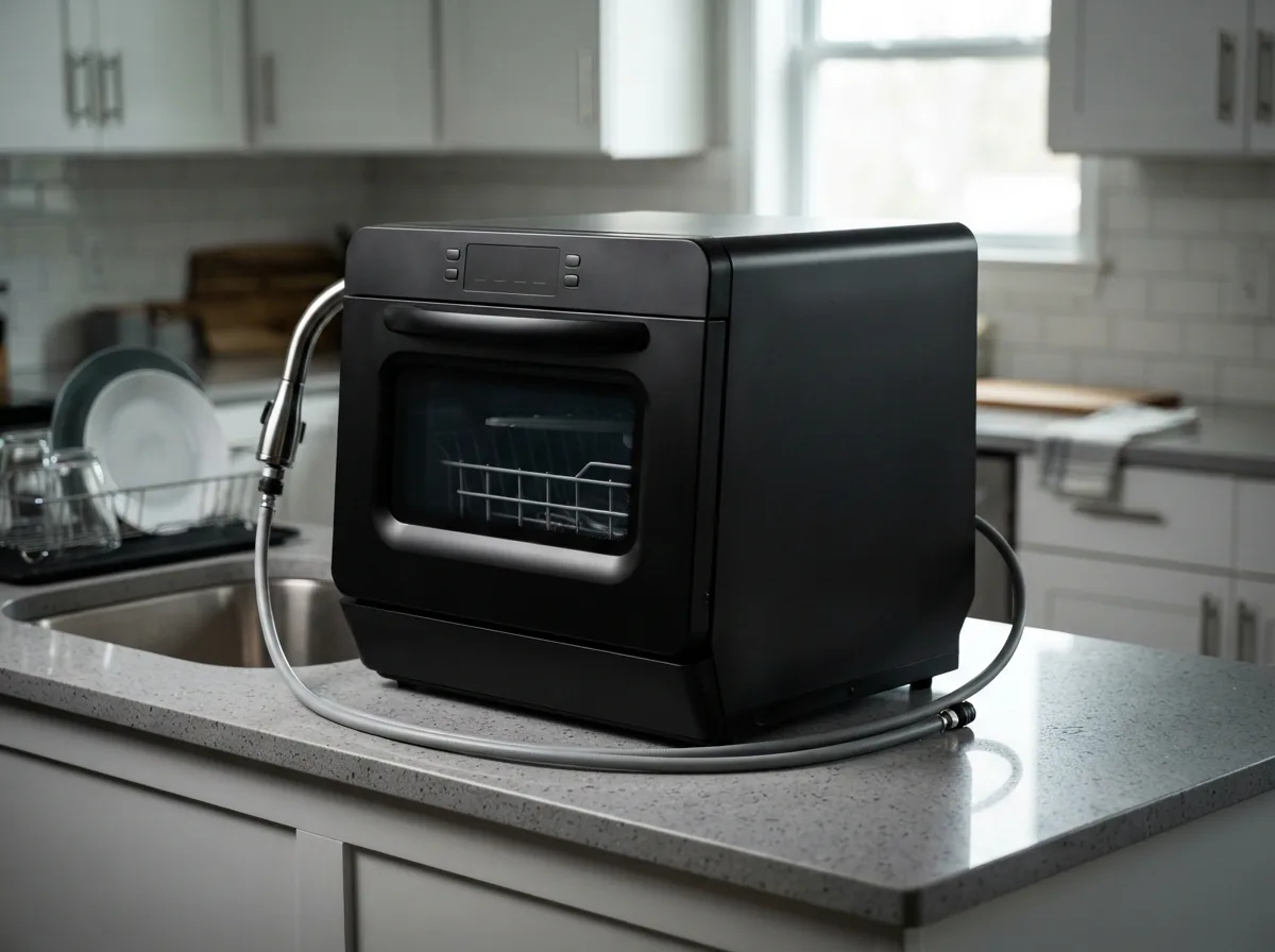 EdgeStar 21.625-Inch Portable Countertop Dishwasher in black, featured prominently on a kitchen counter.
