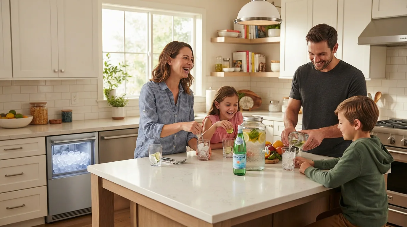A family enjoying drinks with plenty of ice around a kitchen island, with a built-in ice maker visible in the background cabinetry.