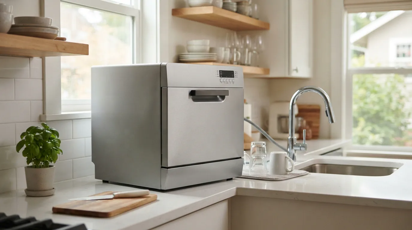A silver EdgeStar DWP63 countertop dishwasher with a sleek design