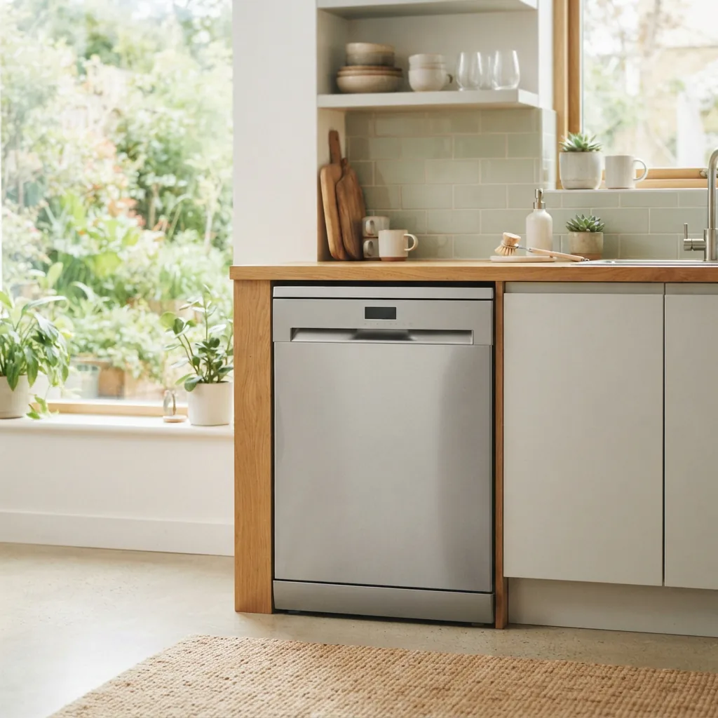 An Energy Star certified dishwasher in an eco-friendly home setting