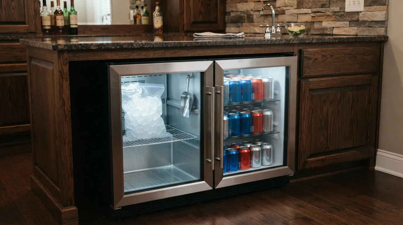 The EdgeStar 15-Inch Undercounter Ice and Beverage Center installed in a home bar setting.