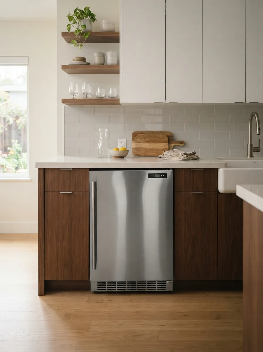 A modern kitchen featuring a stainless steel EdgeStar ice maker installed under a counter