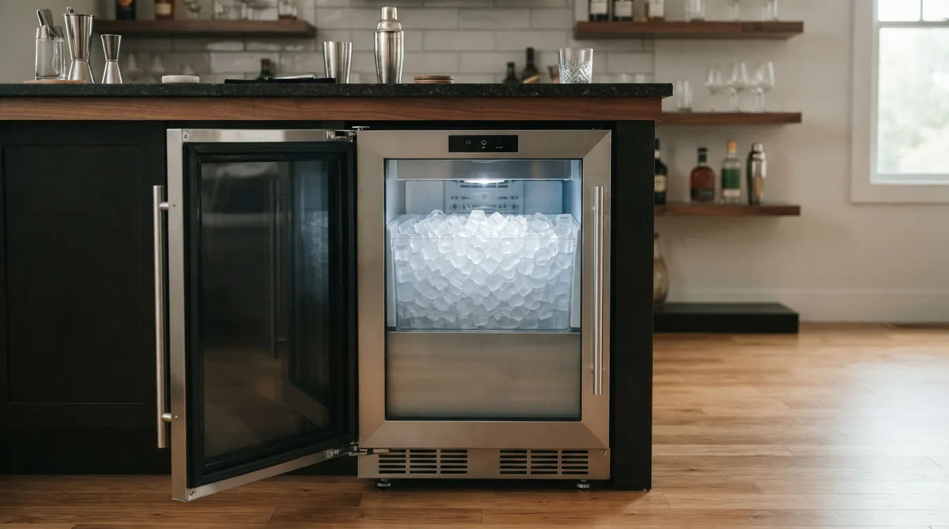 A freestanding EdgeStar ice maker with its door hinged on the opposite side, shown in a bar area.