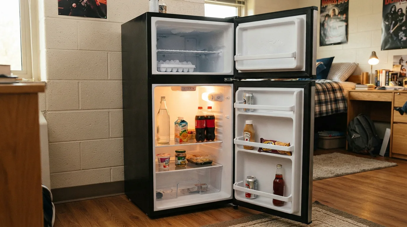 The EdgeStar CRF321SS compact fridge-freezer with both doors open, showing the refrigerator and freezer sections.