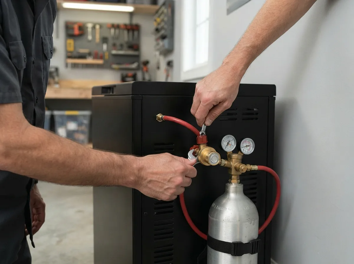 A person connecting a CO2 tank to the back of the EdgeStar KC2000 kegerator during setup.