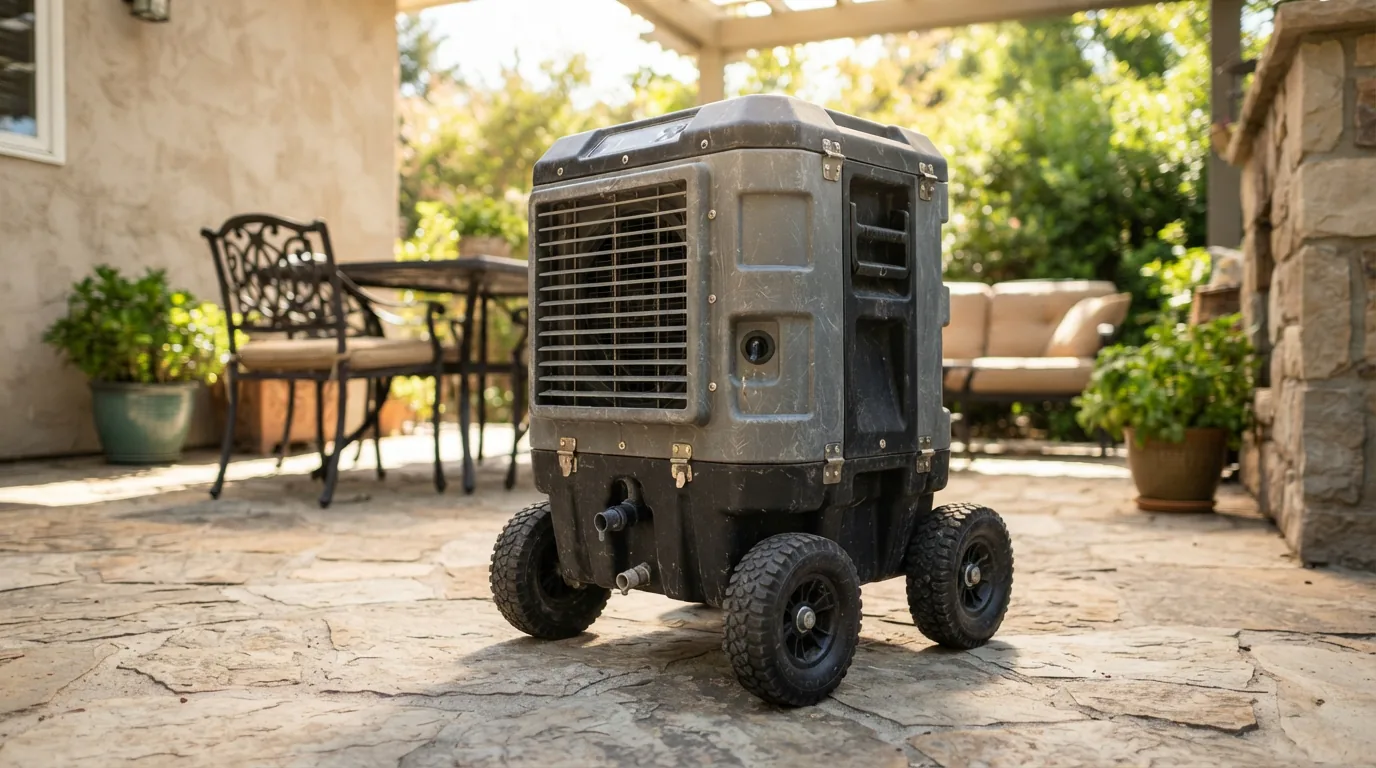 A rugged EdgeStar outdoor evaporative cooler on a sunny patio with outdoor furniture