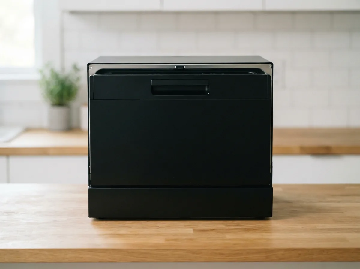 EdgeStar DWP63 6 Place Setting Countertop Dishwasher in black finish on a kitchen counter.