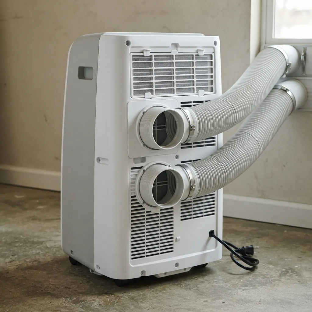 A dual-hose EdgeStar portable air conditioner highlighting its efficient two-hose design.