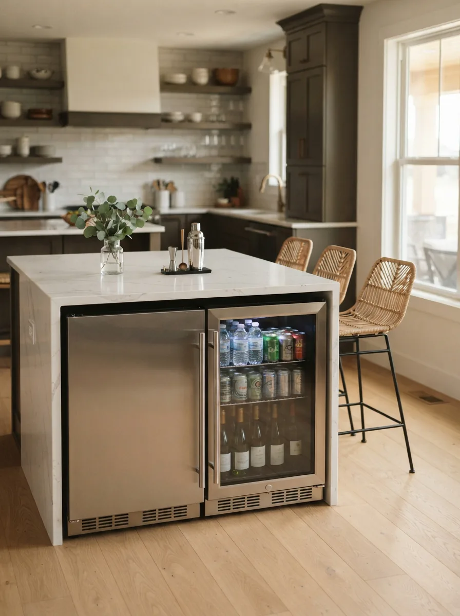 A modern kitchen scene featuring a collection of EdgeStar compact refrigerators and beverage coolers.