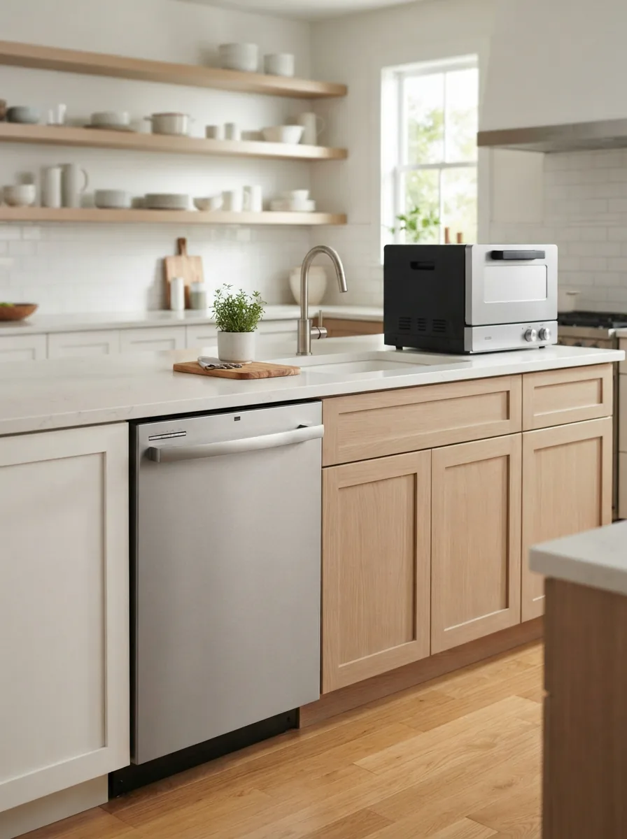 A modern kitchen showcasing a variety of EdgeStar dishwashers, including built-in and countertop models