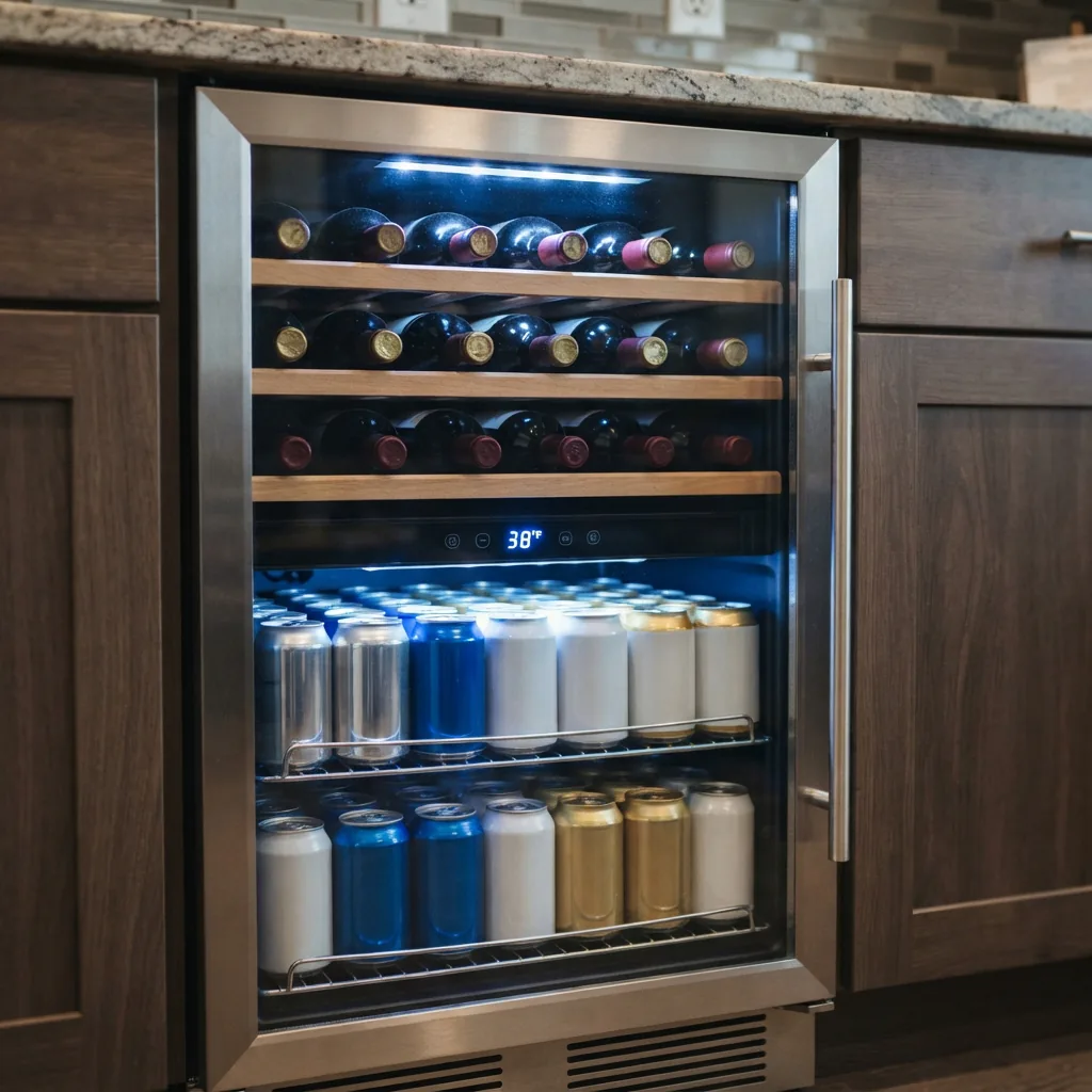 A dual-zone wine and beverage cooler with both wine bottles and cans stored inside.