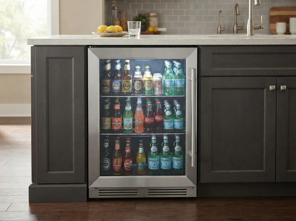 EdgeStar 24 in. Built-in Beverage Cooler with stainless steel frame and glass door.