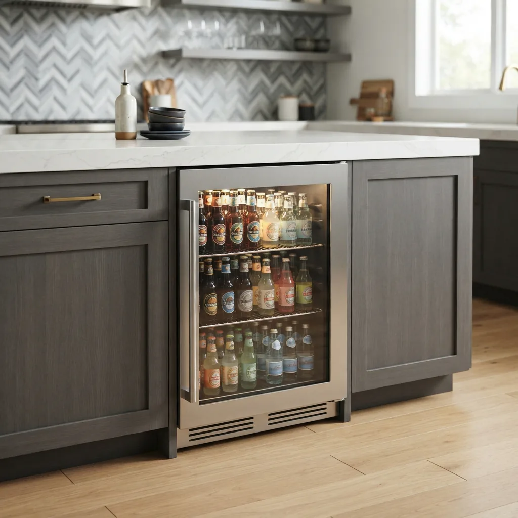 A built-in beverage cooler seamlessly installed under a modern kitchen counter.