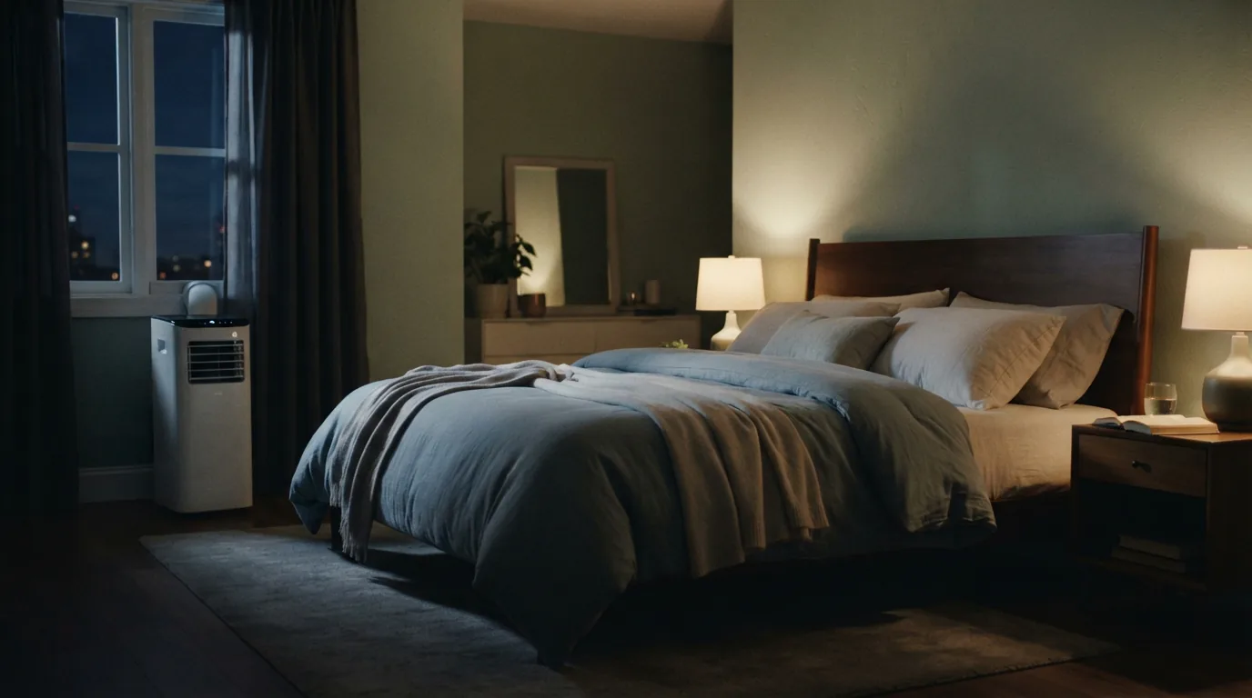 An ultra-quiet EdgeStar 10,000 BTU portable air conditioner in a bedroom at night.