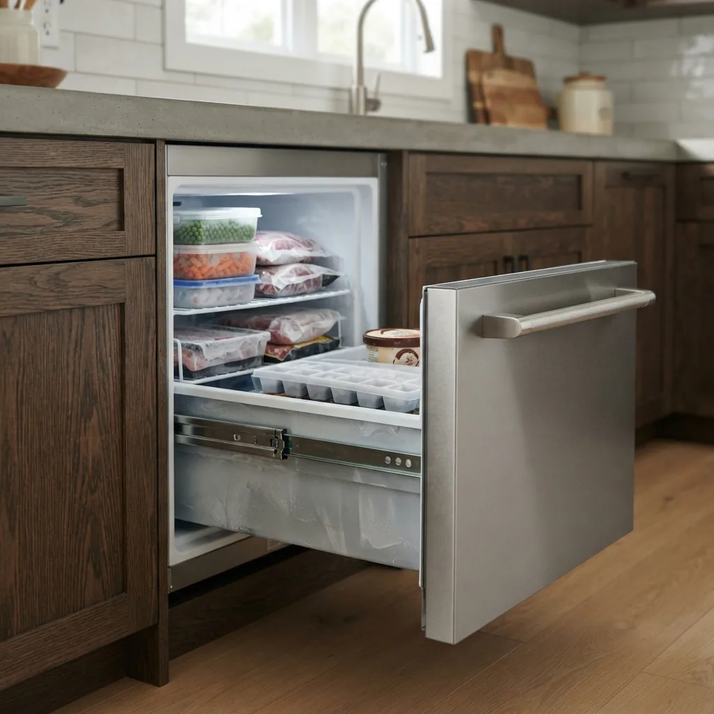 An undercounter freezer drawer built into kitchen cabinetry.
