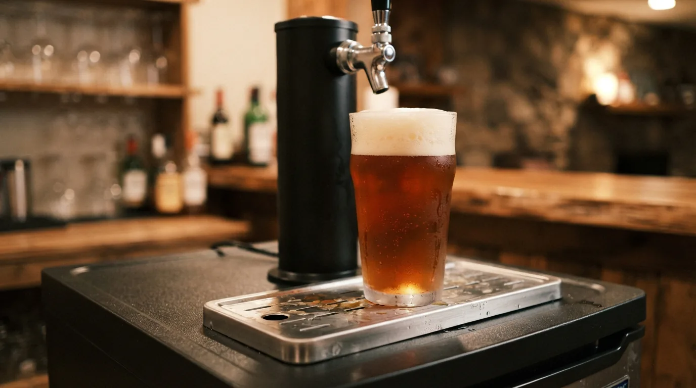 A filled glass of amber draft beer sitting on the EdgeStar KC2000 kegerator's drip tray.
