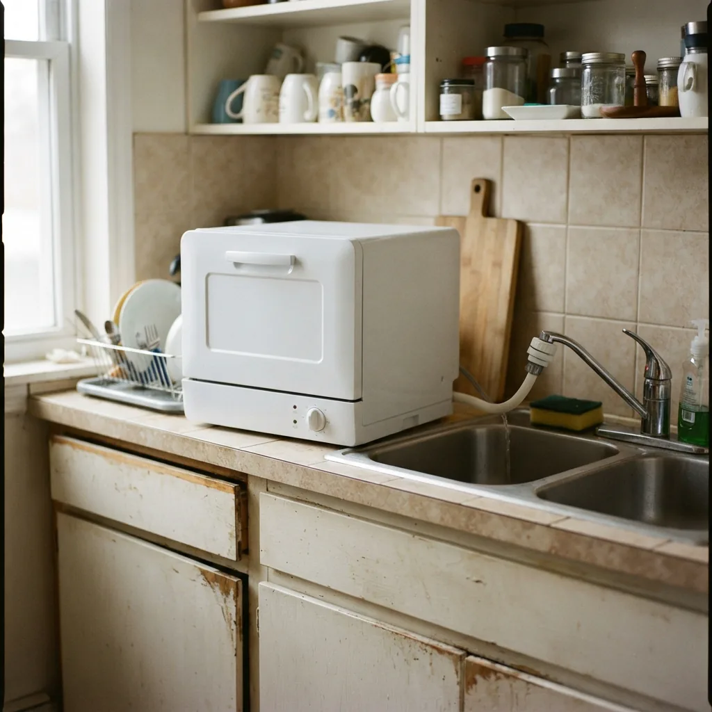 A compact EdgeStar countertop dishwasher positioned on a kitchen counter with a faucet adapter connected.