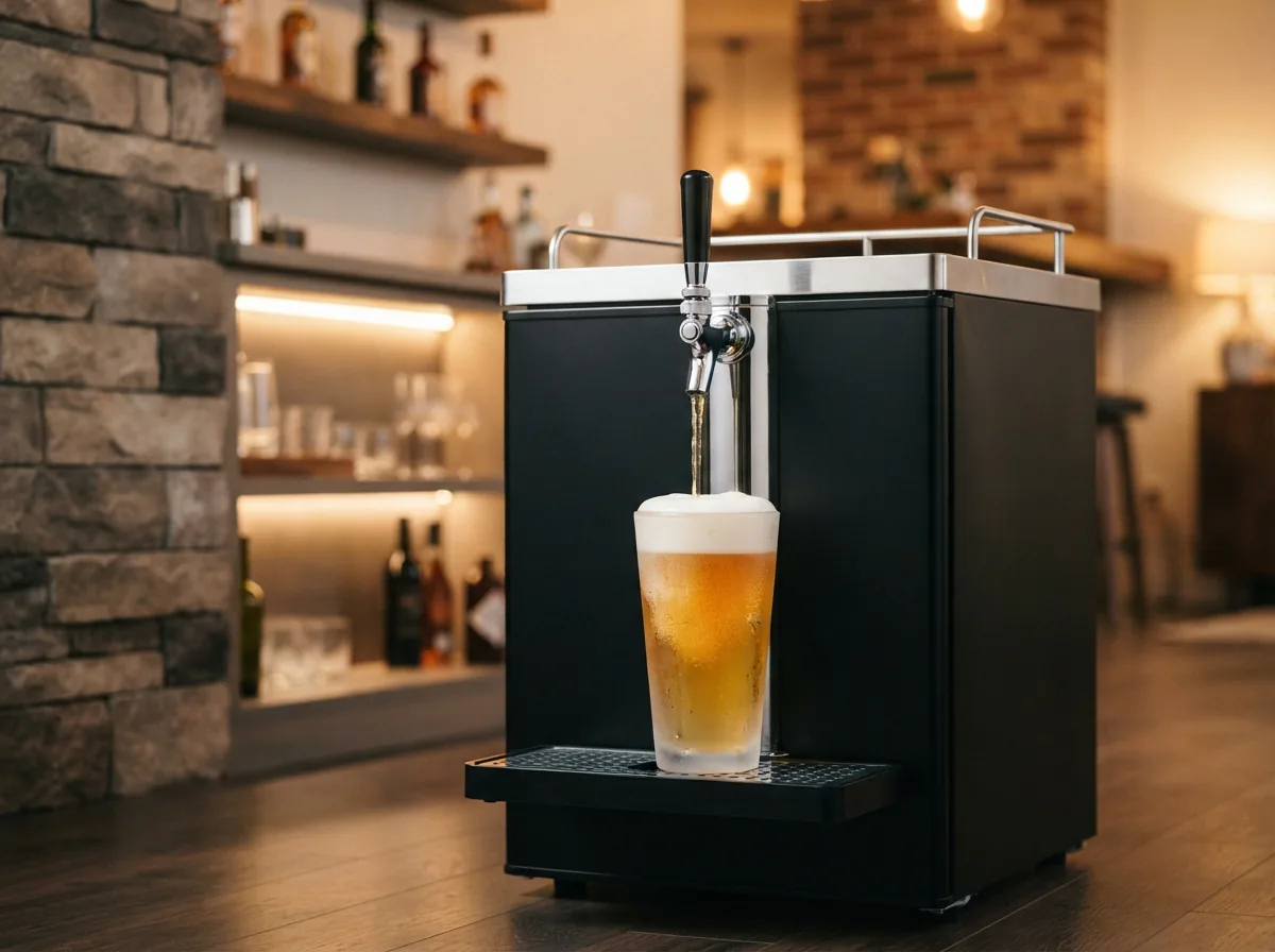 EdgeStar KC2000 kegerator with a frosted glass of fresh draft beer being poured from its chrome tap.