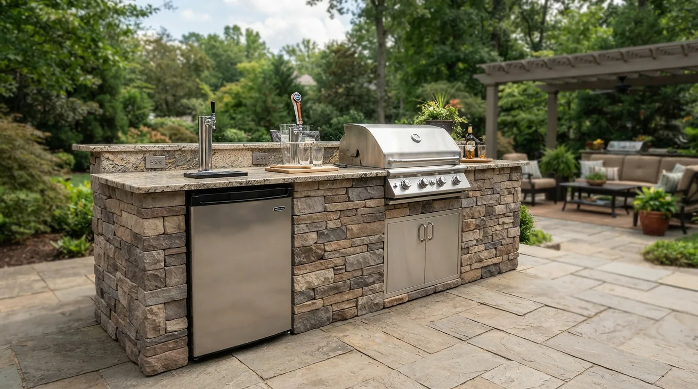 The EdgeStar BR1500SSOD outdoor kegerator conversion refrigerator built into an outdoor kitchen island.