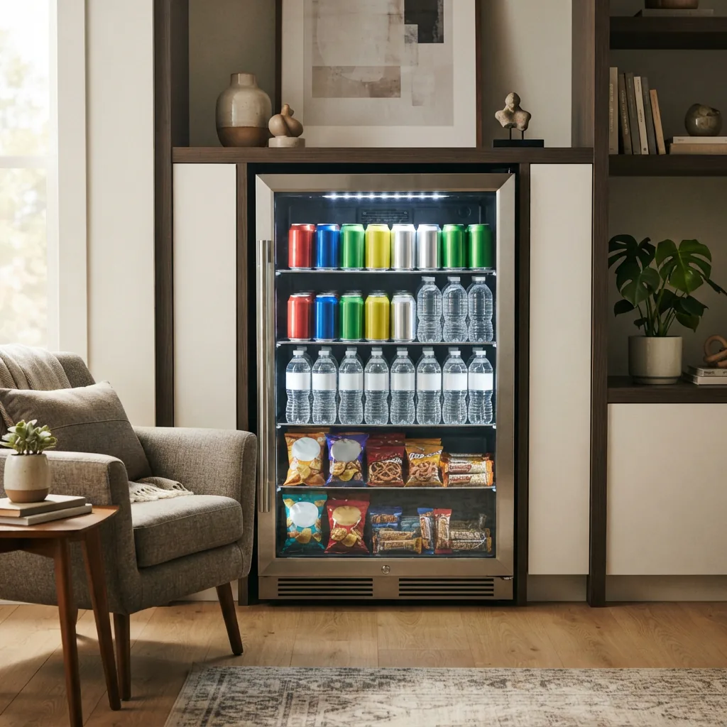 A glass-door beverage center filled with assorted drinks and snacks.