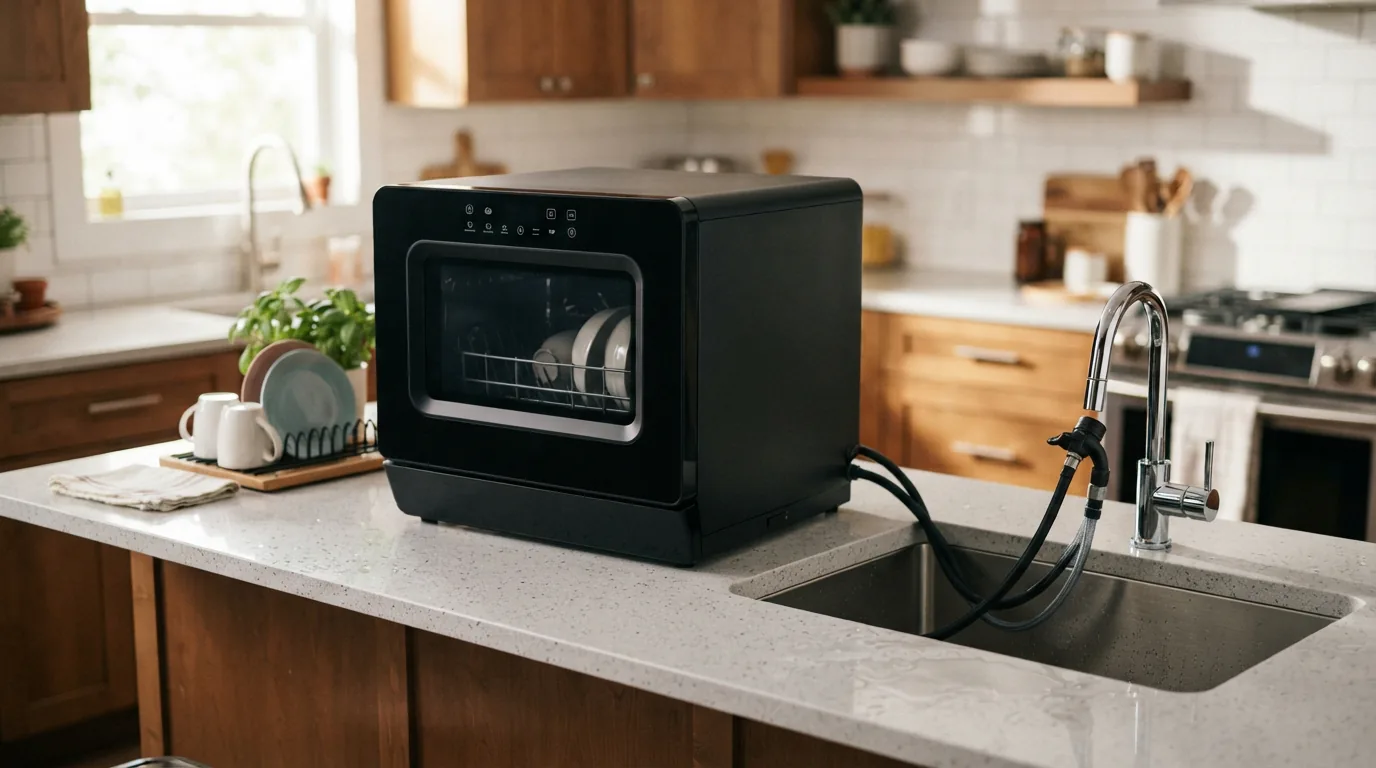 EdgeStar 21.625-Inch Portable Countertop Dishwasher in black on a kitchen countertop.