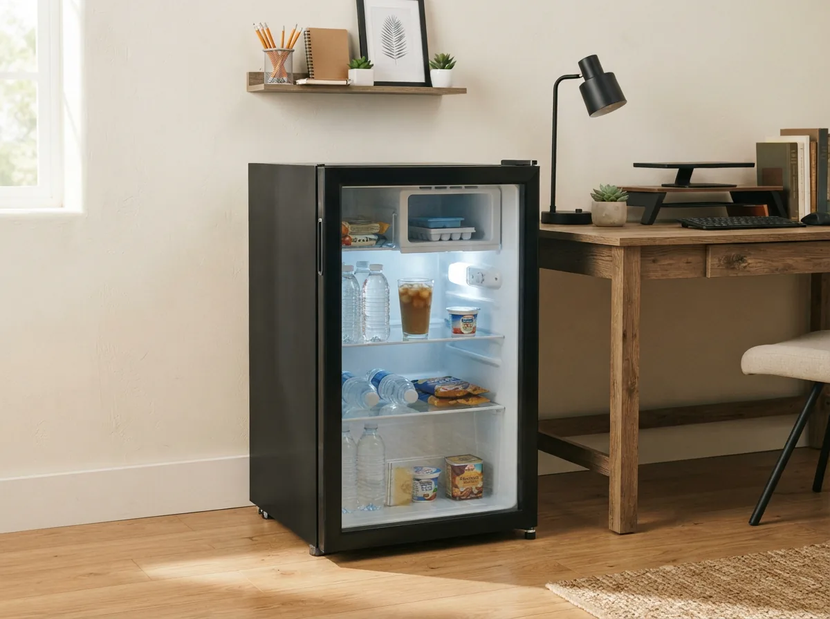 EdgeStar 5.0 Cu. Ft. compact refrigerator in a home office nook.