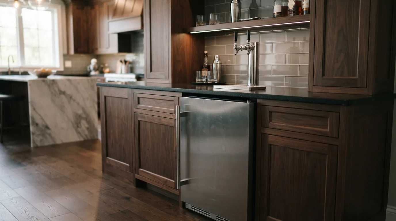 The EdgeStar KC7000SS Built-In Kegerator installed in a custom wooden cabinetry setup.