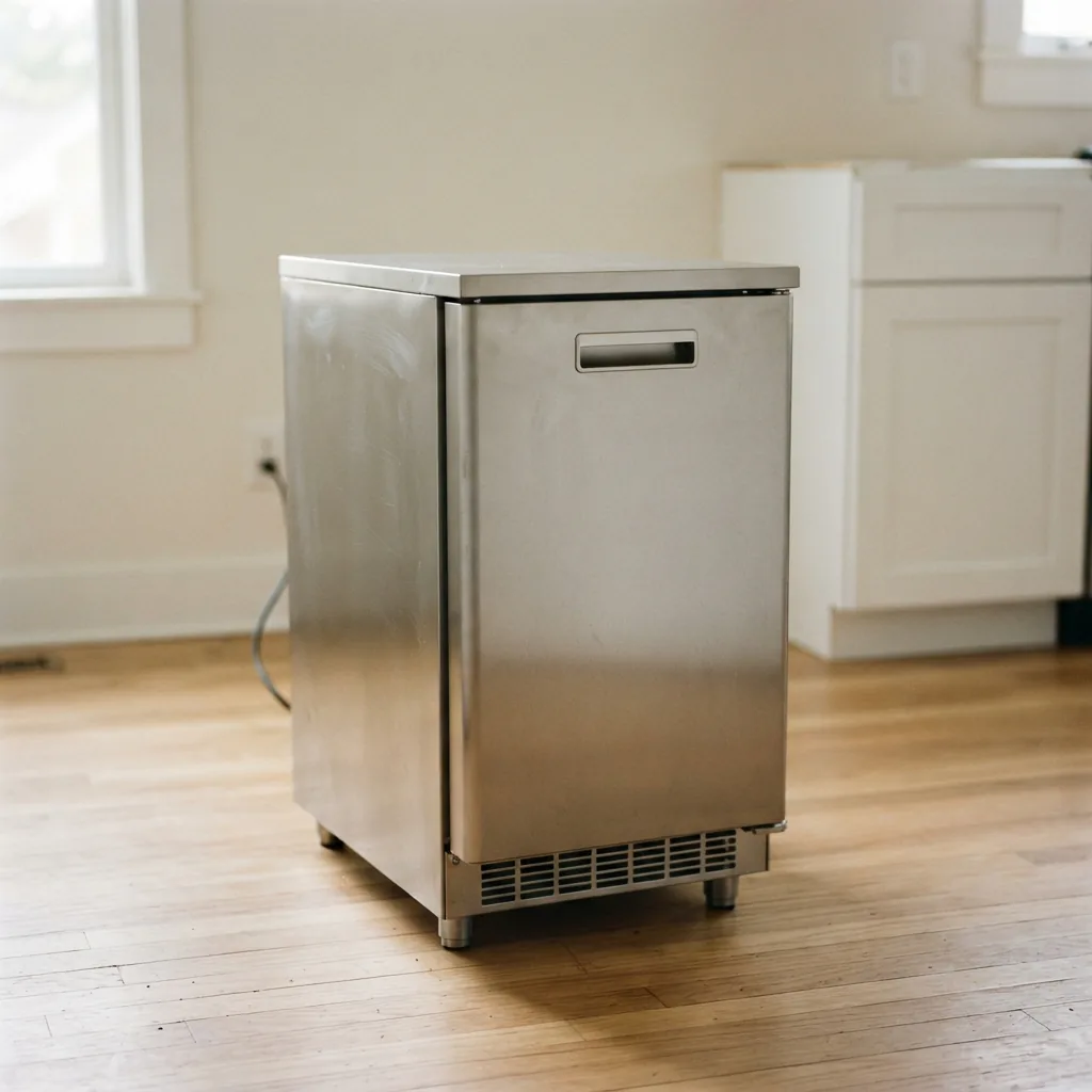 A freestanding undercounter ice maker placed on a kitchen floor, not attached to any cabinetry.