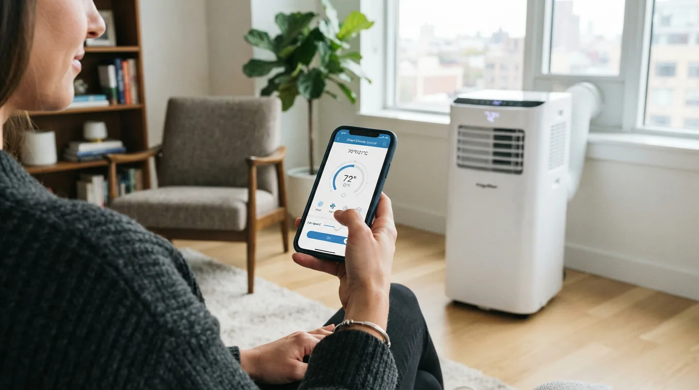 The EdgeStar smart portable air conditioner with a smartphone showing the control app.