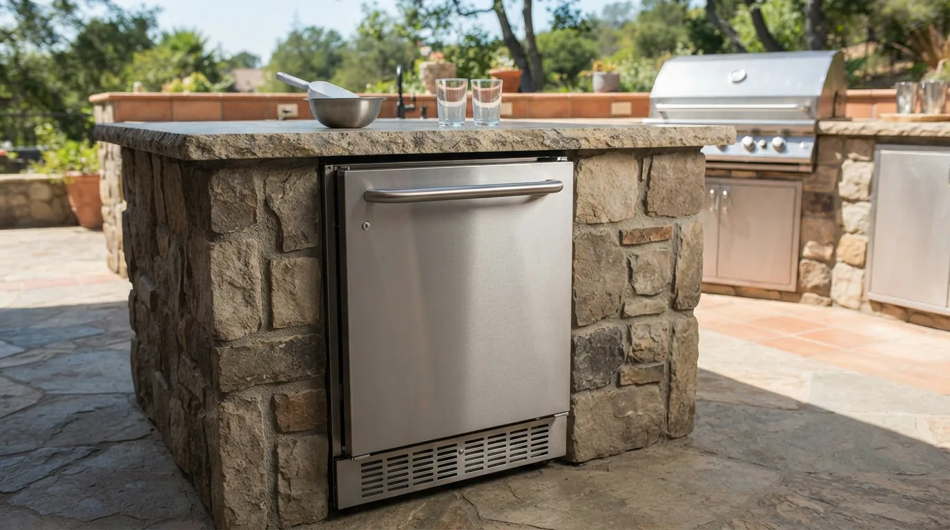 A durable EdgeStar undercounter ice maker installed in an outdoor kitchen cabinet.