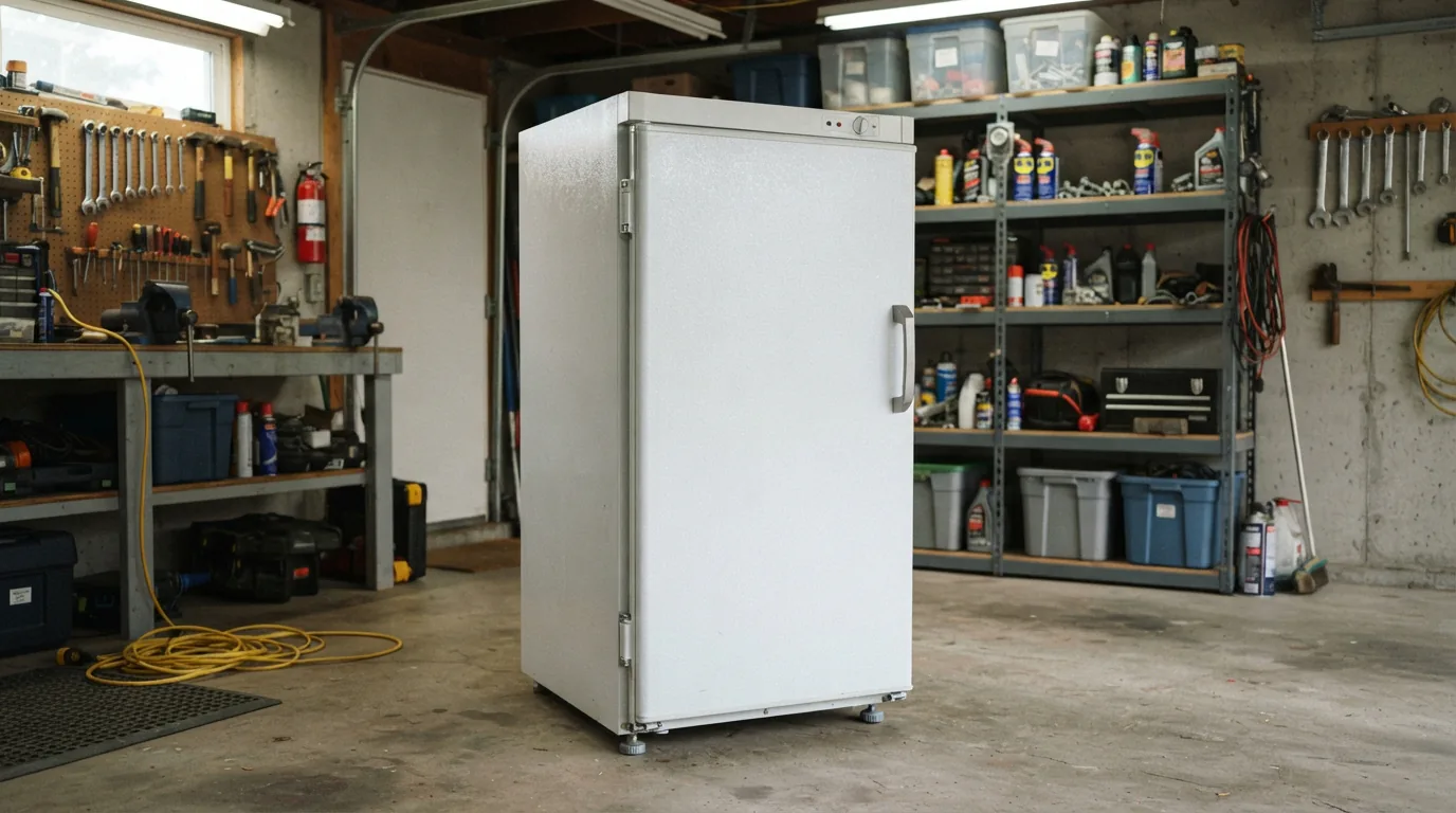 EdgeStar convertible garage freezer in a workshop environment.