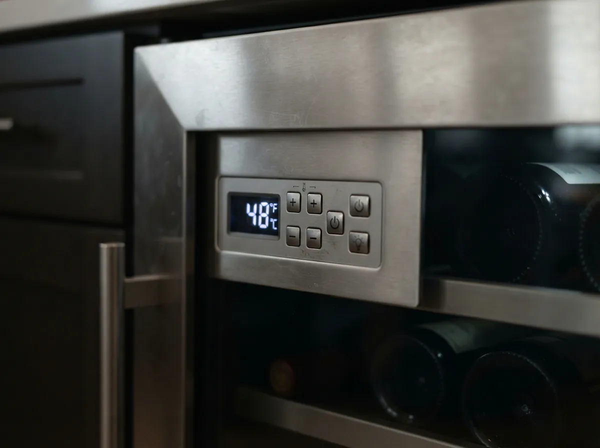 A close-up of the digital temperature control panel on a modern wine cooler