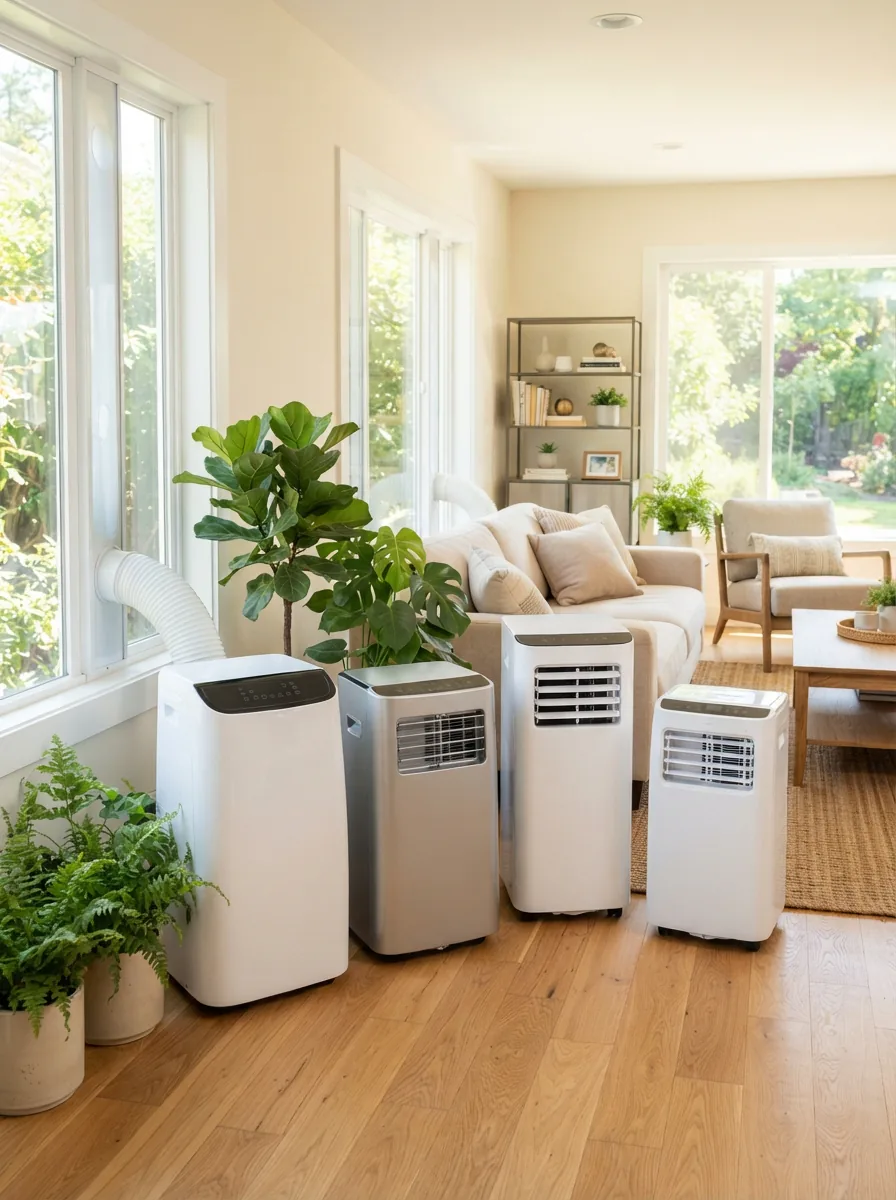 A collection of different EdgeStar portable air conditioner models displayed in various home settings.