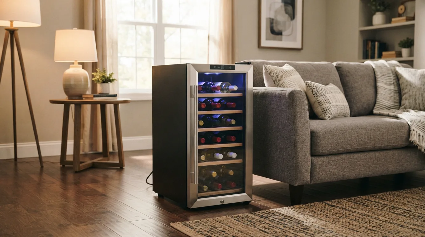 The freestanding EdgeStar 15-inch wine cooler placed in a living room setting next to a sofa
