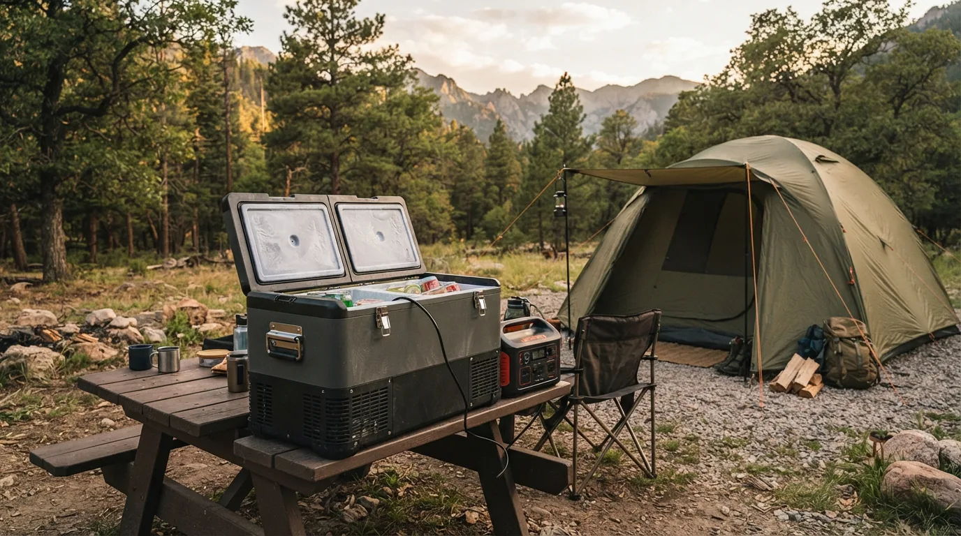 EdgeStar dual-zone portable freezer/refrigerator in a camping setup.