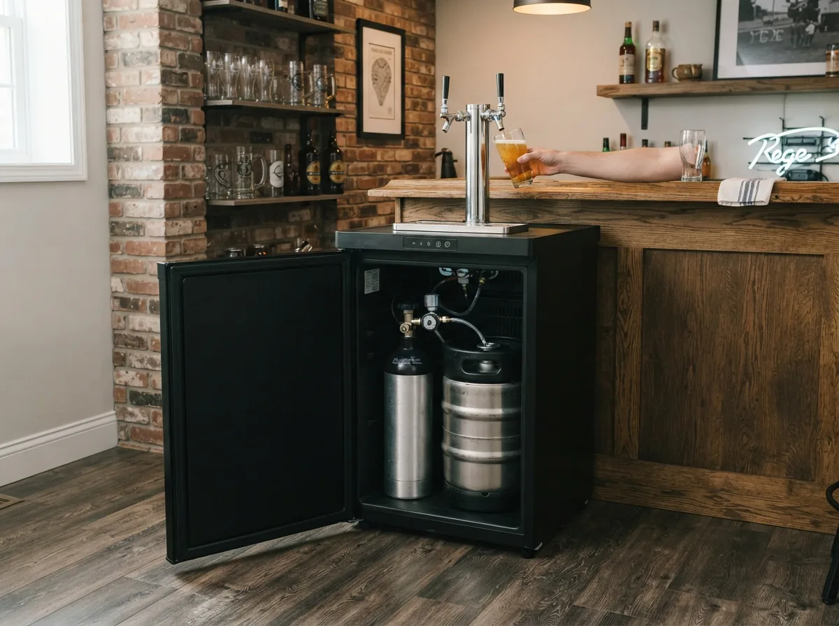 The EdgeStar KC2000 kegerator with its reversible door shown open towards the left side.
