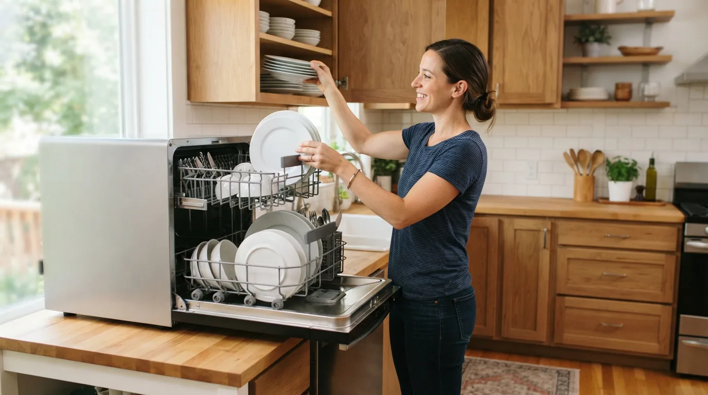 A person loading clean dishes from a portable dishwasher rack into a kitchen cabinet.