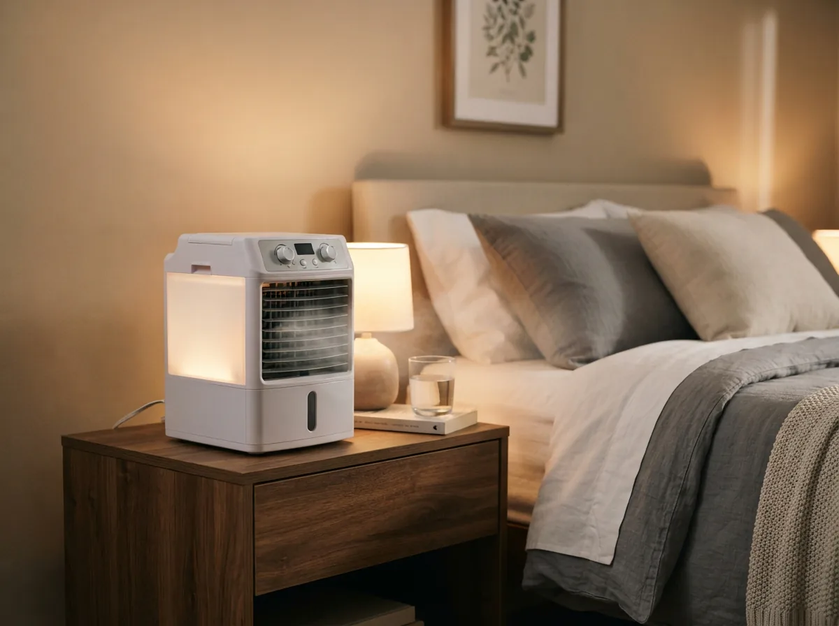 A personal-sized EdgeStar evaporative cooler on a nightstand beside a bed