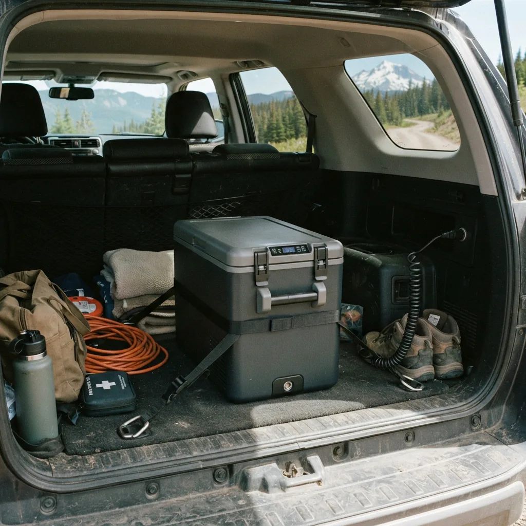A portable freezer unit in the back of an SUV ready for a trip.