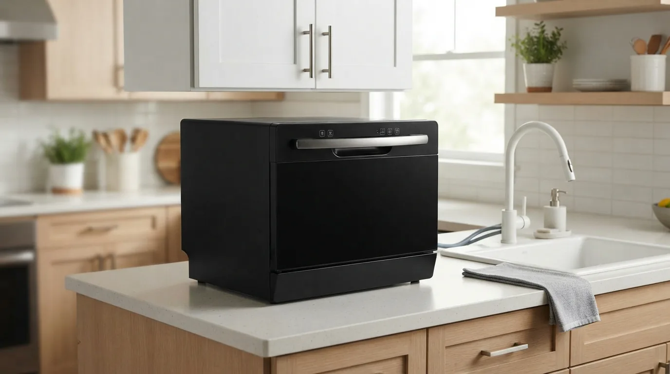 A black EdgeStar DWP63 countertop dishwasher, compact and efficient
