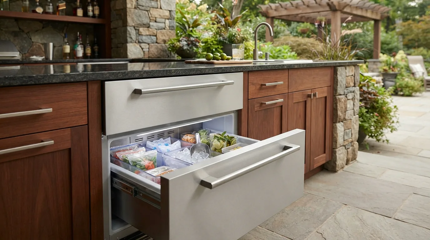 EdgeStar undercounter freezer drawer integrated into outdoor kitchen cabinetry.