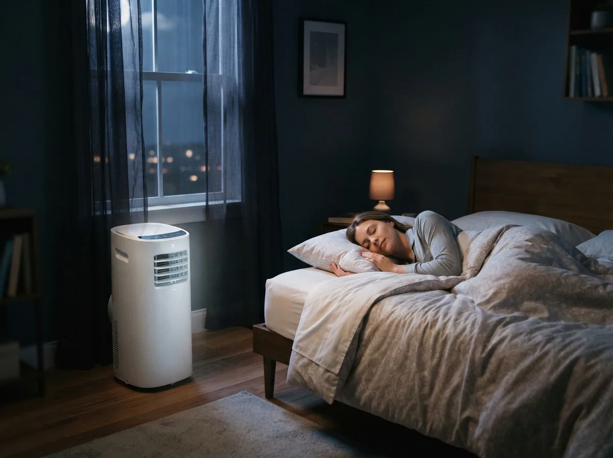A quiet portable air conditioner running in a peaceful bedroom at night.