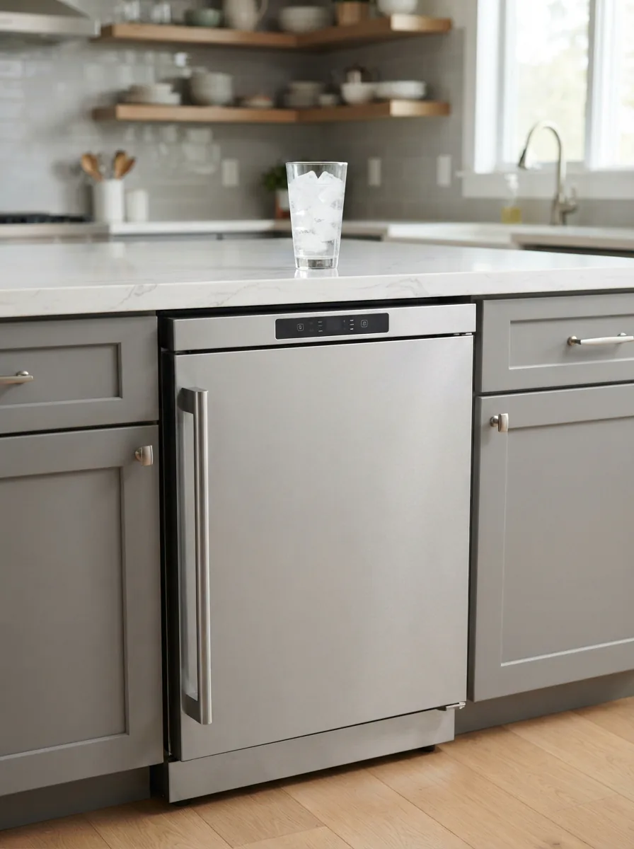 A sleek EdgeStar undercounter ice maker installed seamlessly under a modern kitchen countertop, with a glass of ice water placed on the counter above.