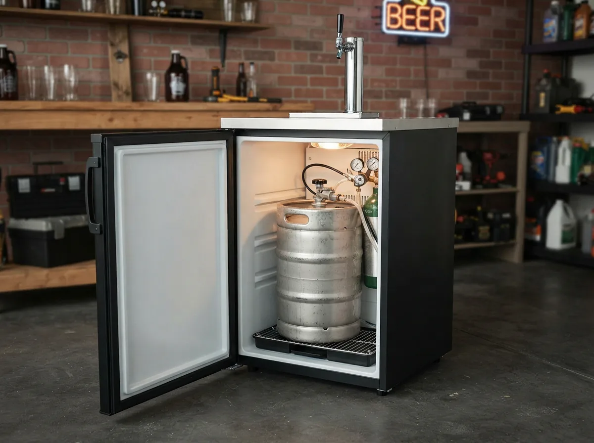 A black EdgeStar BR3002 kegerator conversion refrigerator with a full-size keg inside.