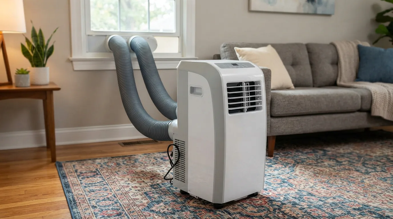 The EdgeStar 12,000 BTU dual-hose portable air conditioner with heat pump in a living area.