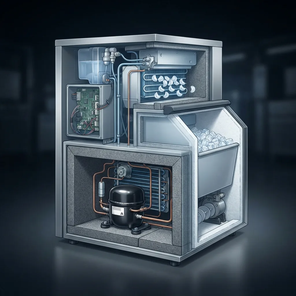A close-up of an undercounter ice maker's compressor and insulation components, highlighting quiet operation technology.